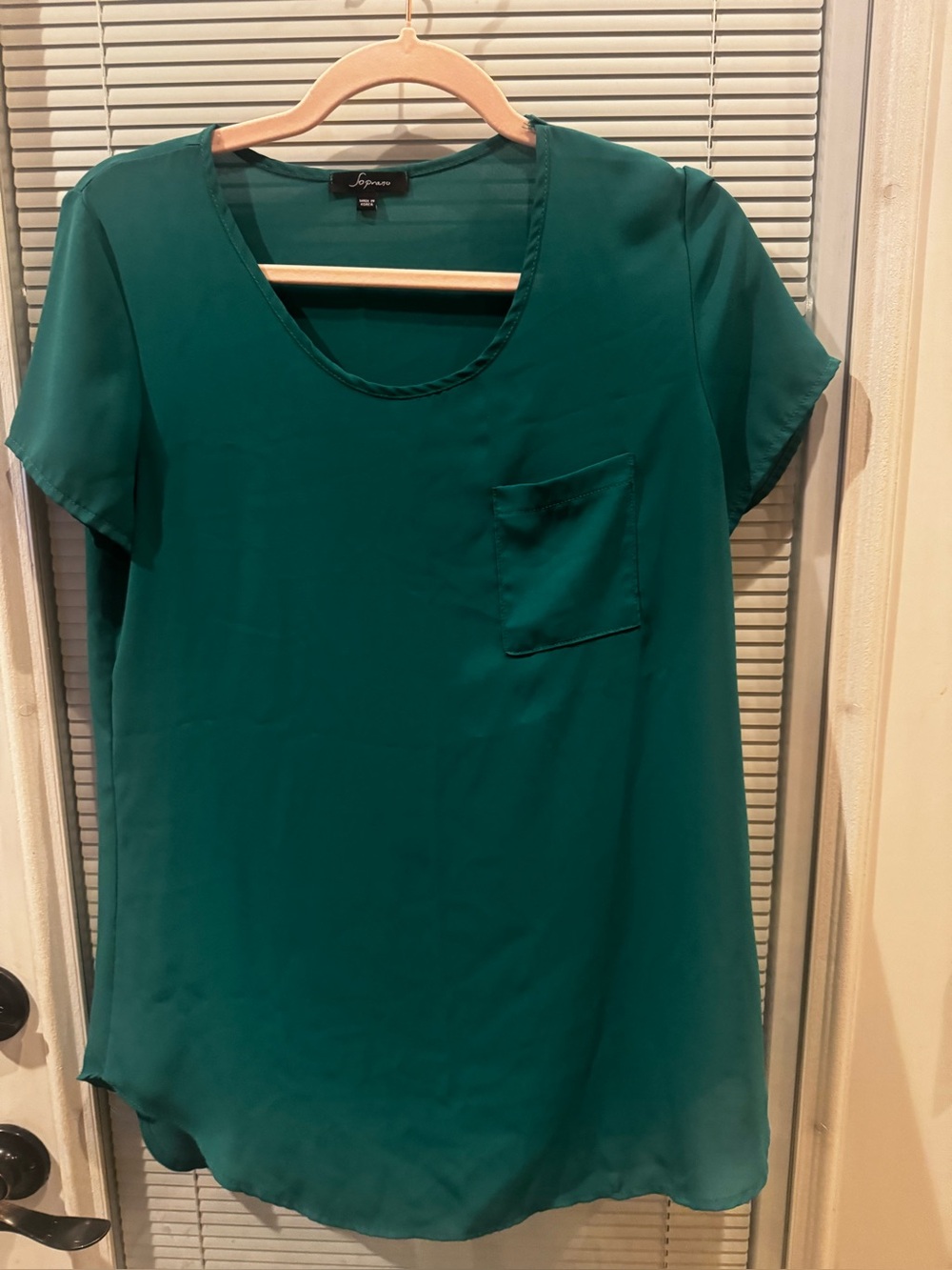 Soprano Teal Short-Sleeve Scoop Neck Blouse with Pocket